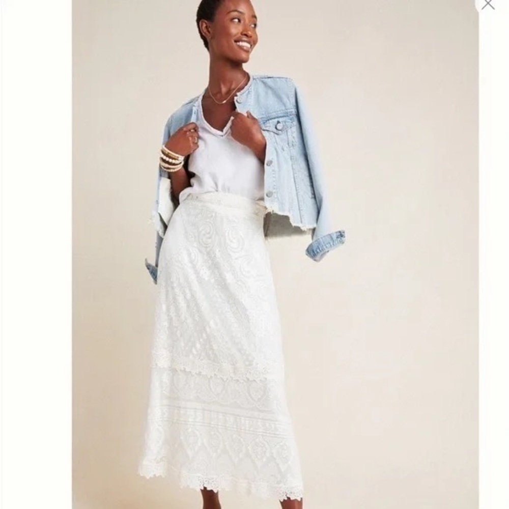 FARM Rio White Lace Midi Skirt